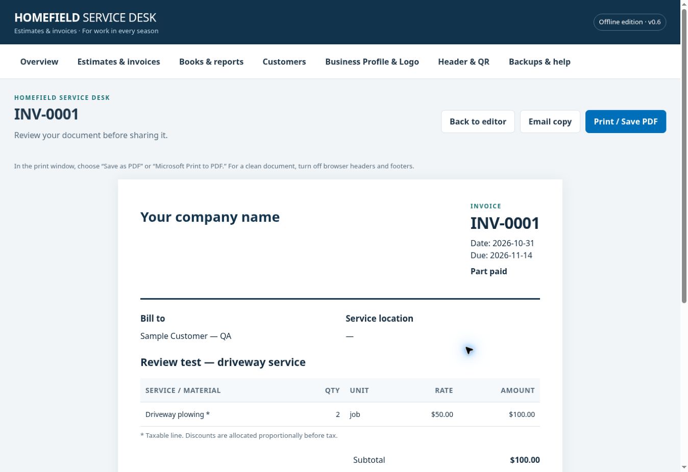 Homefield Service Desk invoice preview with sample services, sales tax and a partial payment