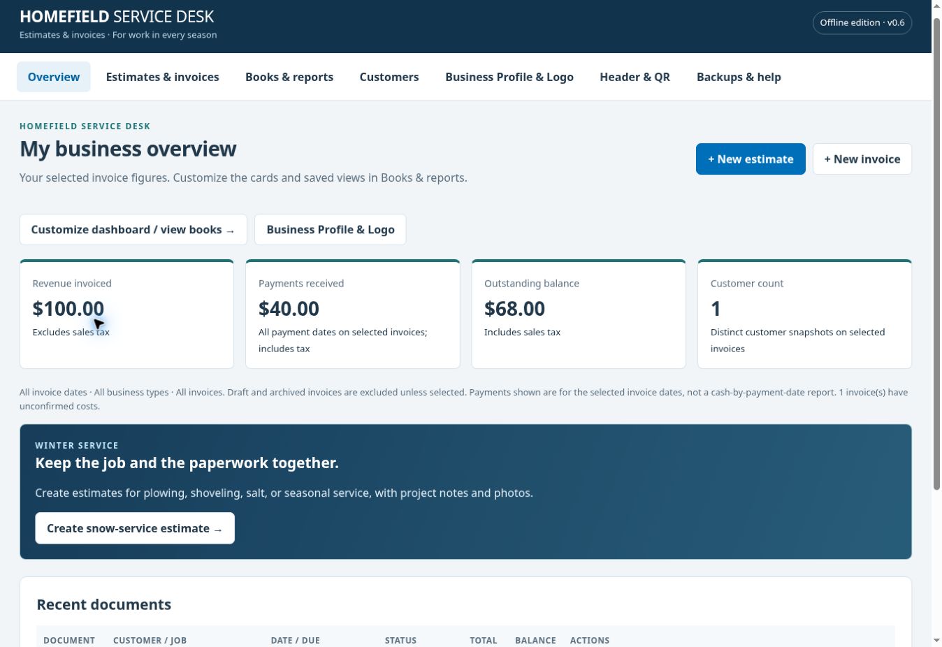 Homefield Service Desk overview showing invoice revenue, payments and outstanding balances with fictional sample data
